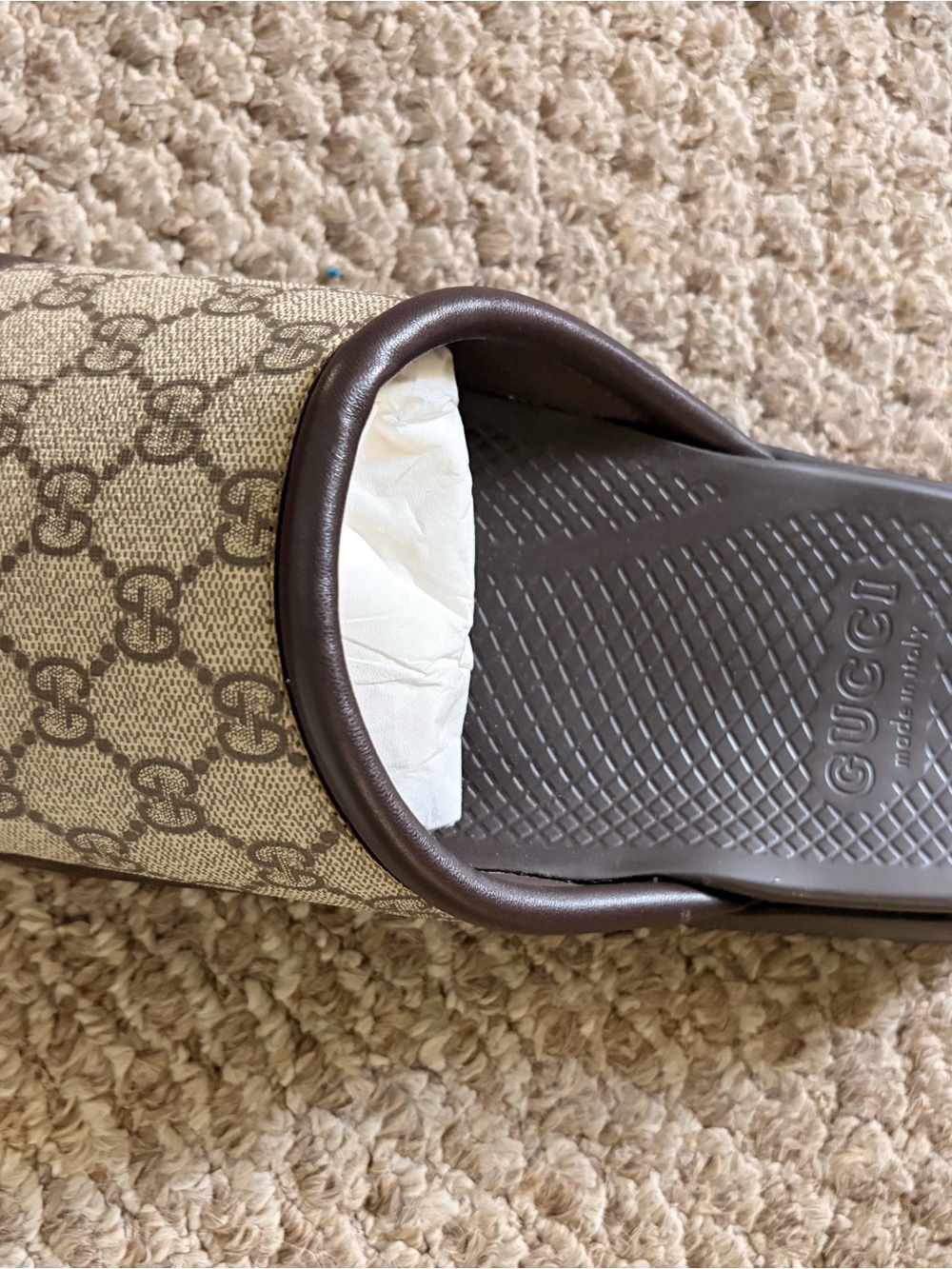 Gucci Beige GG Canvas Slide with Brown Trim